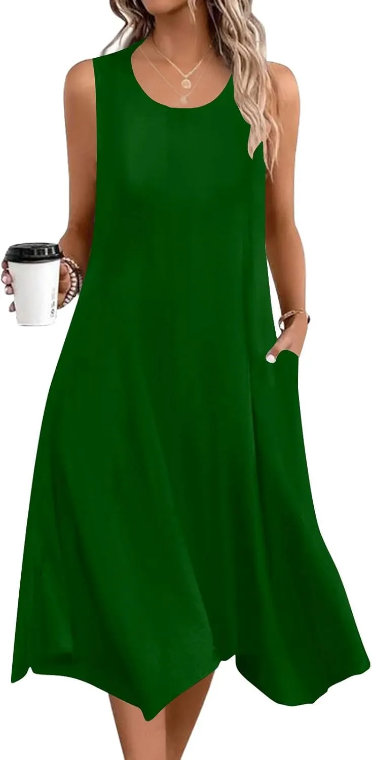 Womens Casual Summer Beach Sundresses Crewneck Sleeveless Flowy Tank Dress Aesthetic Vacation Irregular Dress Pockets