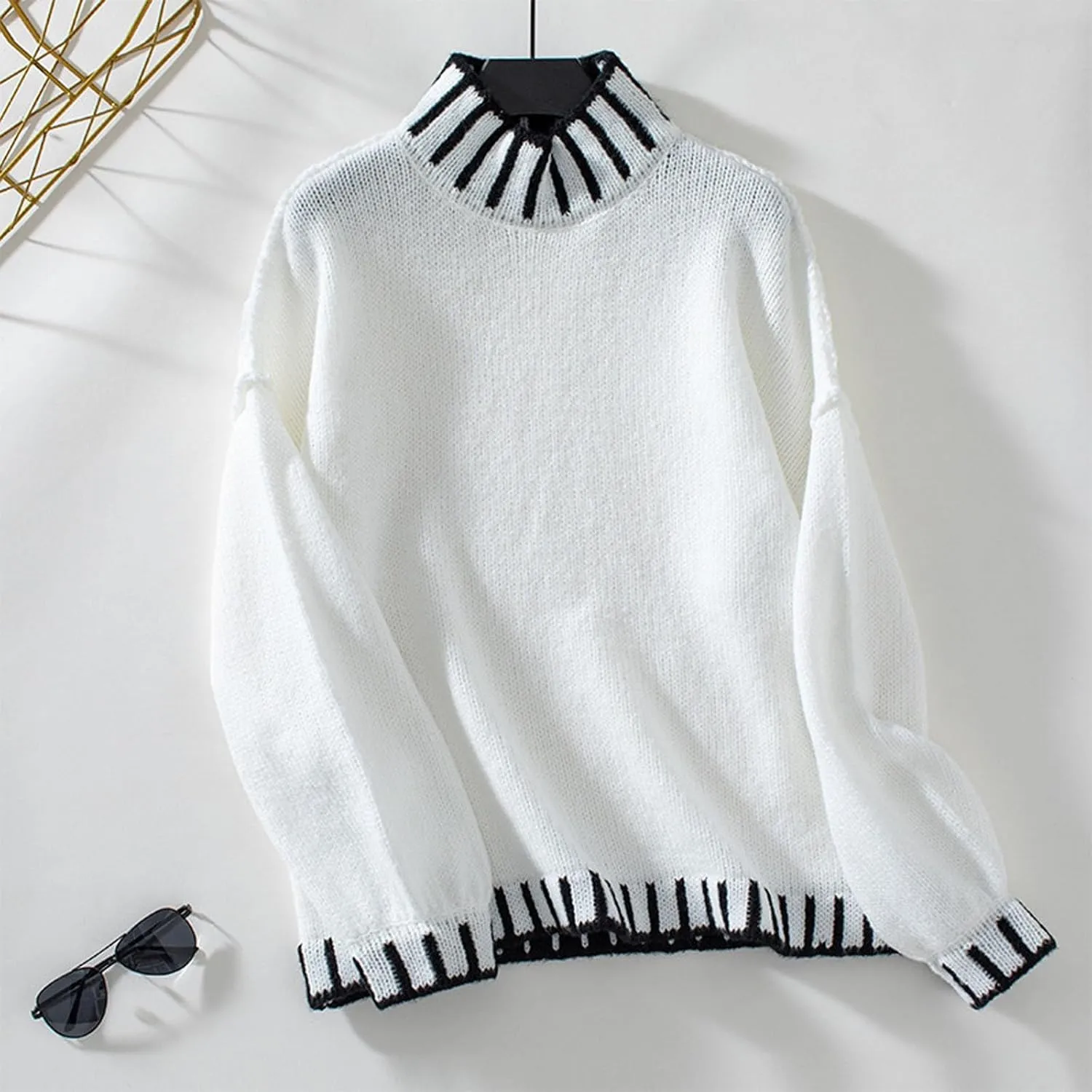 Women's Chunky Knit Winter Sweaters Fall Casual Long Sleeve Mock Neck Oversized Fuzzy Pullover Sweater Tops