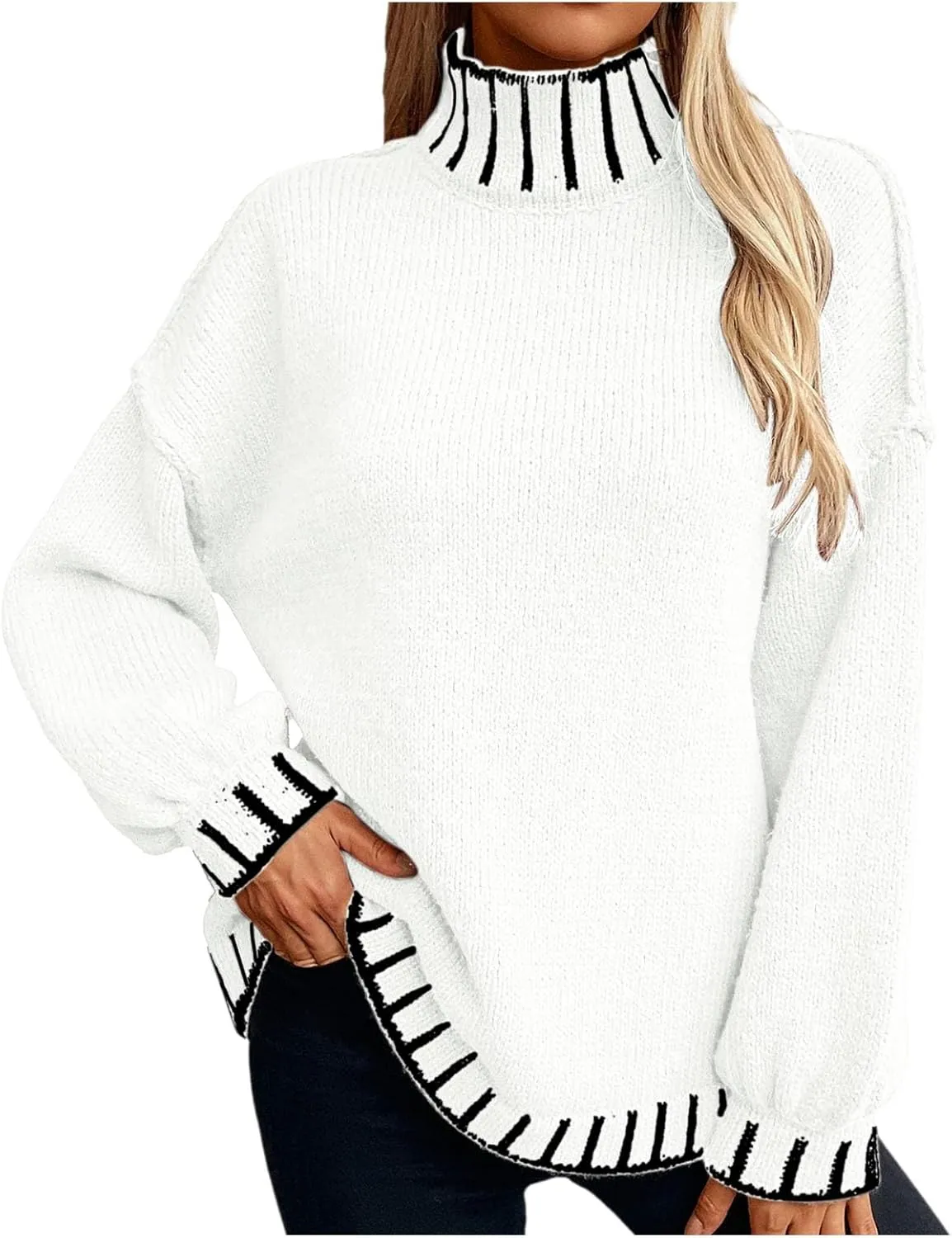 Women's Chunky Knit Winter Sweaters Fall Casual Long Sleeve Mock Neck Oversized Fuzzy Pullover Sweater Tops