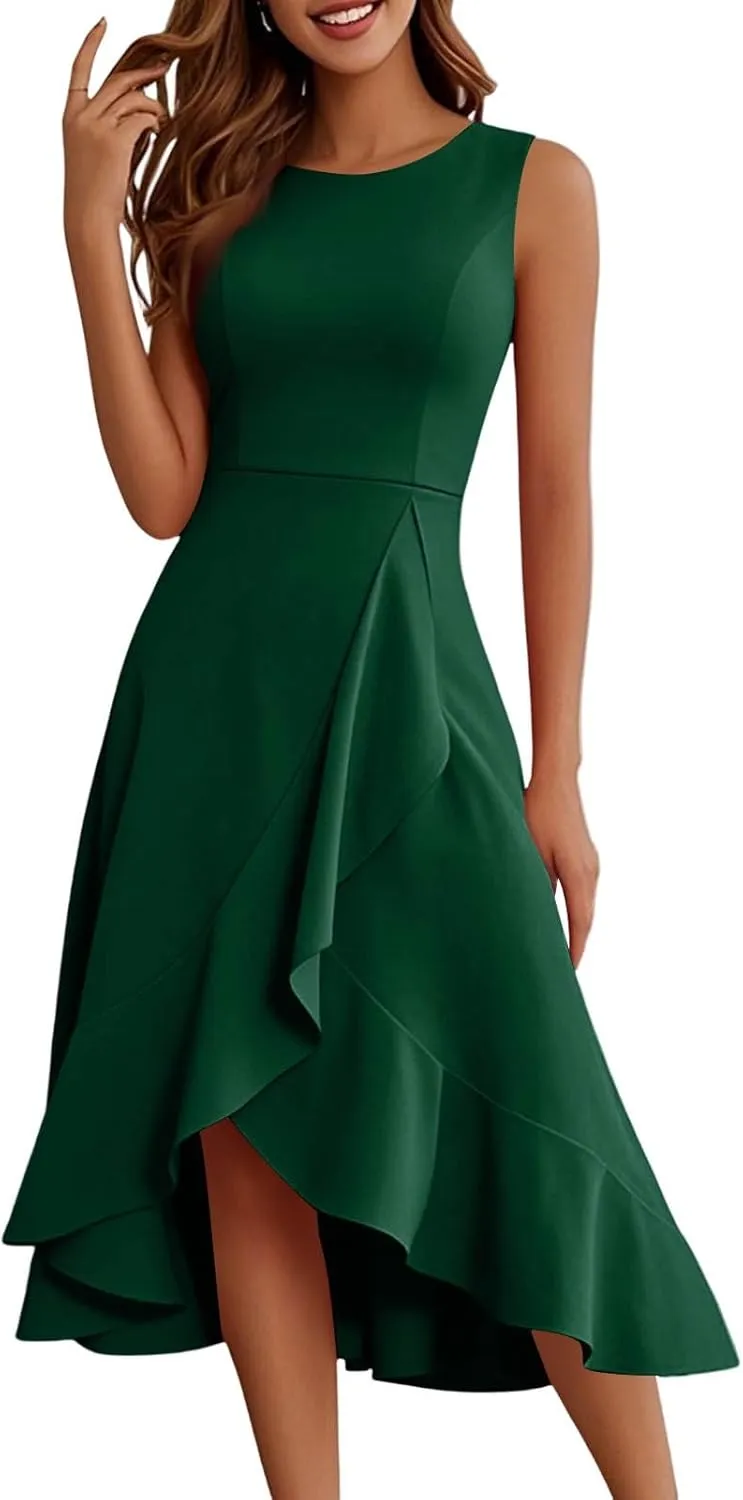 Women's Cocktail Party Formal Wedding Guest Church Dresses A Line High Low Ruffled Split Hem Party Midi Dresses