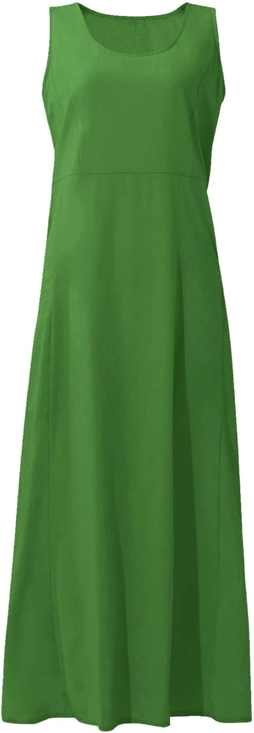 Women's Cotton Linen Long Dress Summer Sleeveless Flowy Maxi Dresses Plus Size Sundress with Pockets Beach Dress
