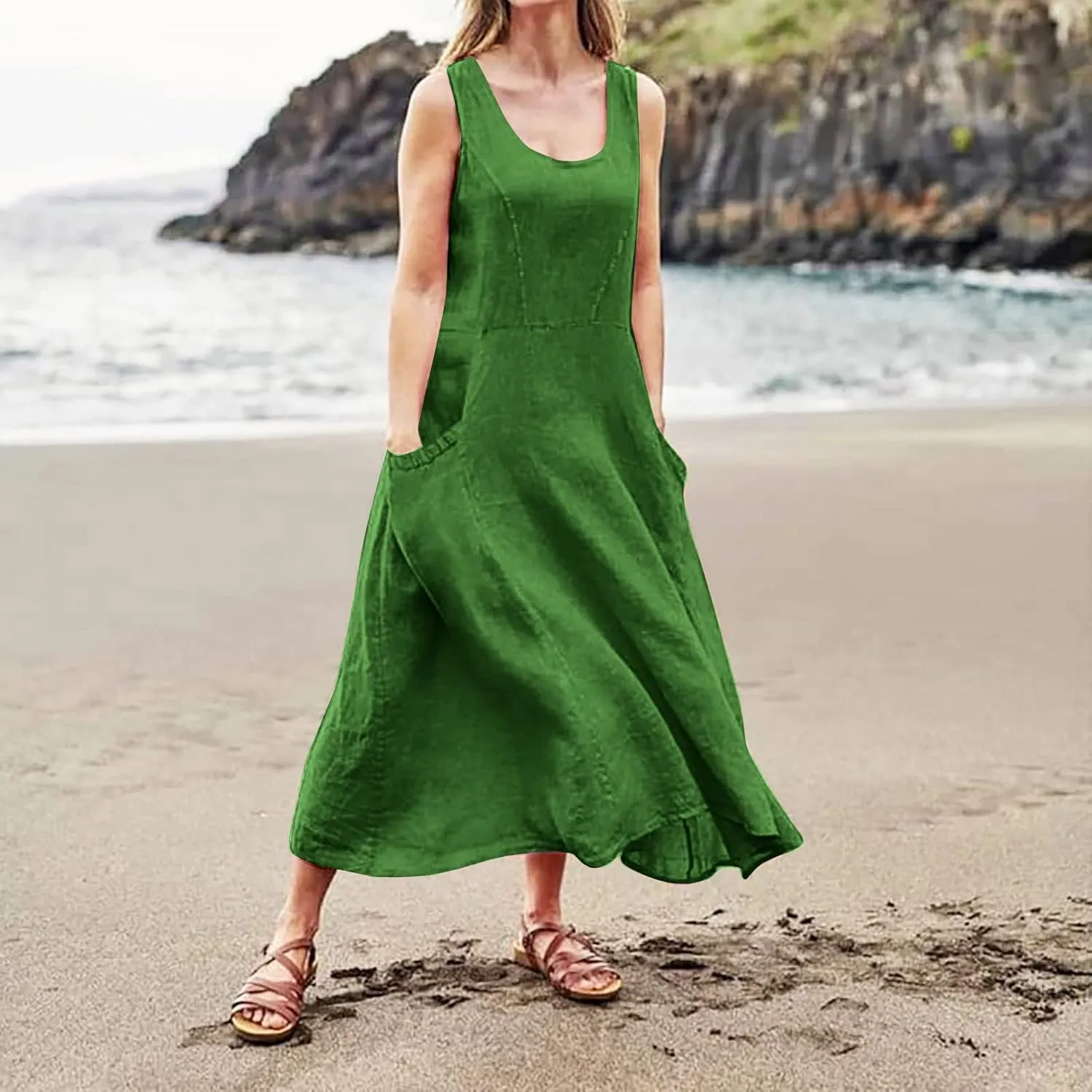 Women's Cotton Linen Long Dress Summer Sleeveless Flowy Maxi Dresses Plus Size Sundress with Pockets Beach Dress