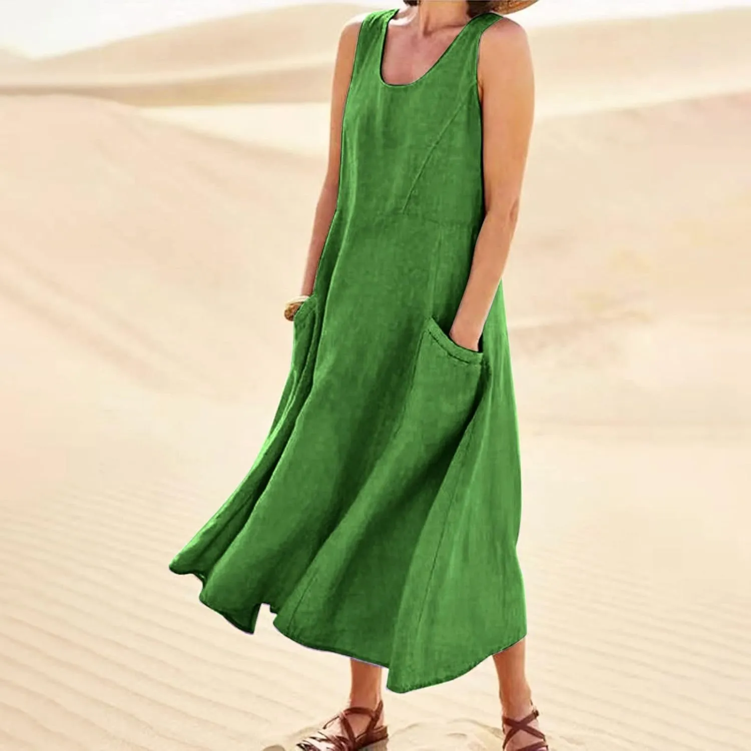 Women's Cotton Linen Long Dress Summer Sleeveless Flowy Maxi Dresses Plus Size Sundress with Pockets Beach Dress