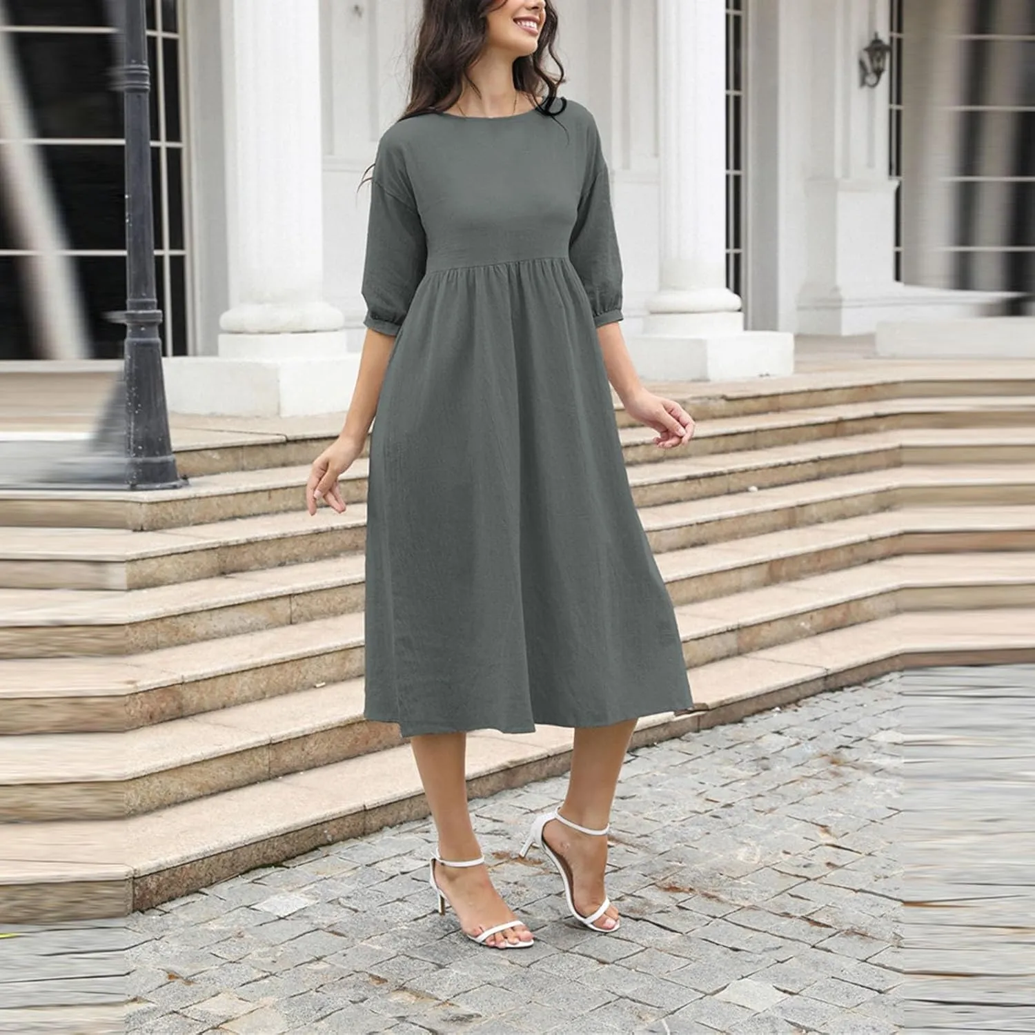Women's Cotton Linen Midi Casual Dresses Loose Solid A-line Flowy Summer Beach Vacation Dress with Pockets