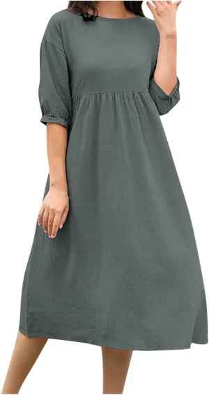 Women's Cotton Linen Midi Casual Dresses Loose Solid A-line Flowy Summer Beach Vacation Dress with Pockets