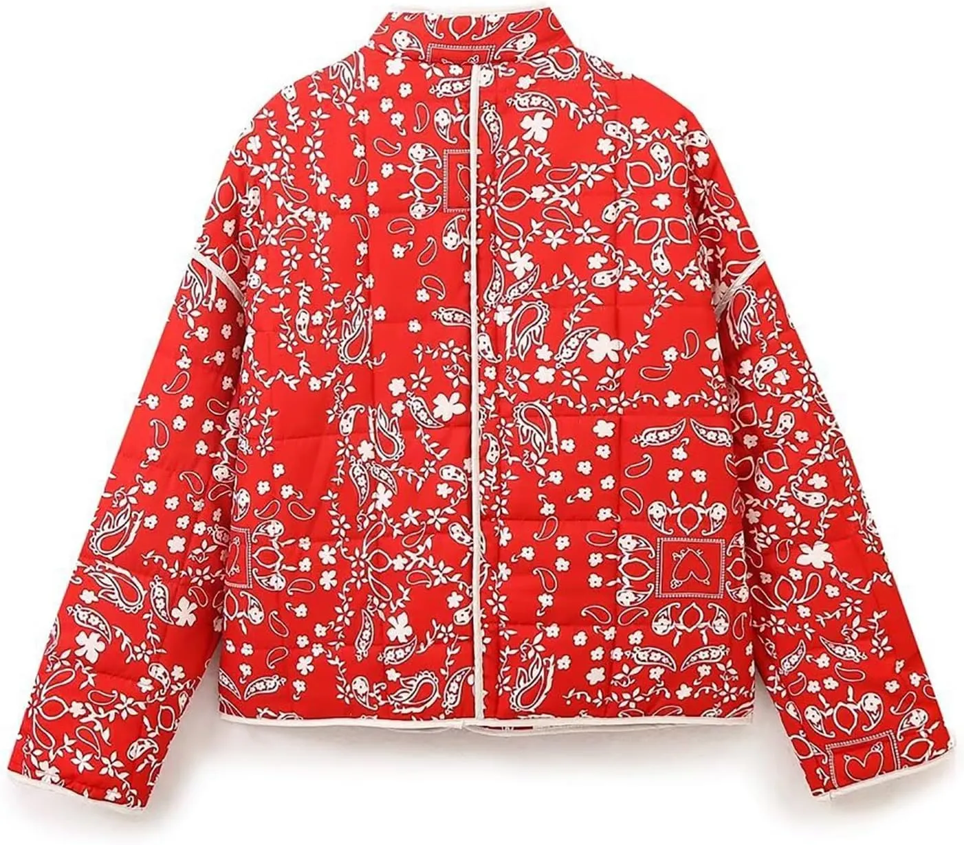Women's Cropped Puffer Jacket Lightweight Floral Print Long Sleeve Padded Quilted Jackets Puffy Car