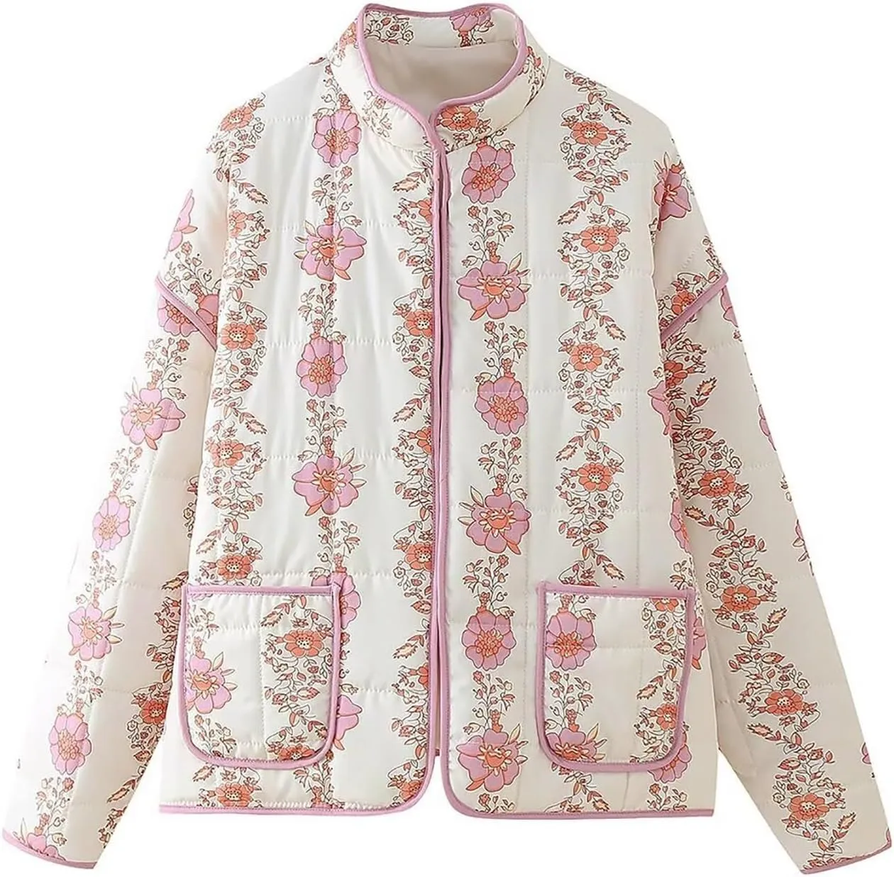 Women's Cropped Puffer Jacket Lightweight Floral Print Long Sleeve Padded Quilted Jackets Puffy Car