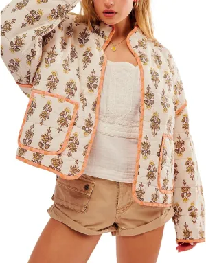 Women's Cropped Puffer Jacket Lightweight Floral Print Long Sleeve Padded Quilted Jackets Puffy Car