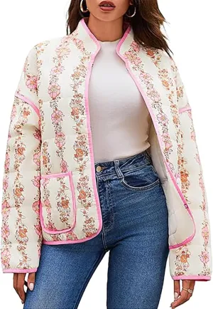 Women's Cropped Puffer Jacket Lightweight Floral Print Long Sleeve Padded Quilted Jackets Puffy Car