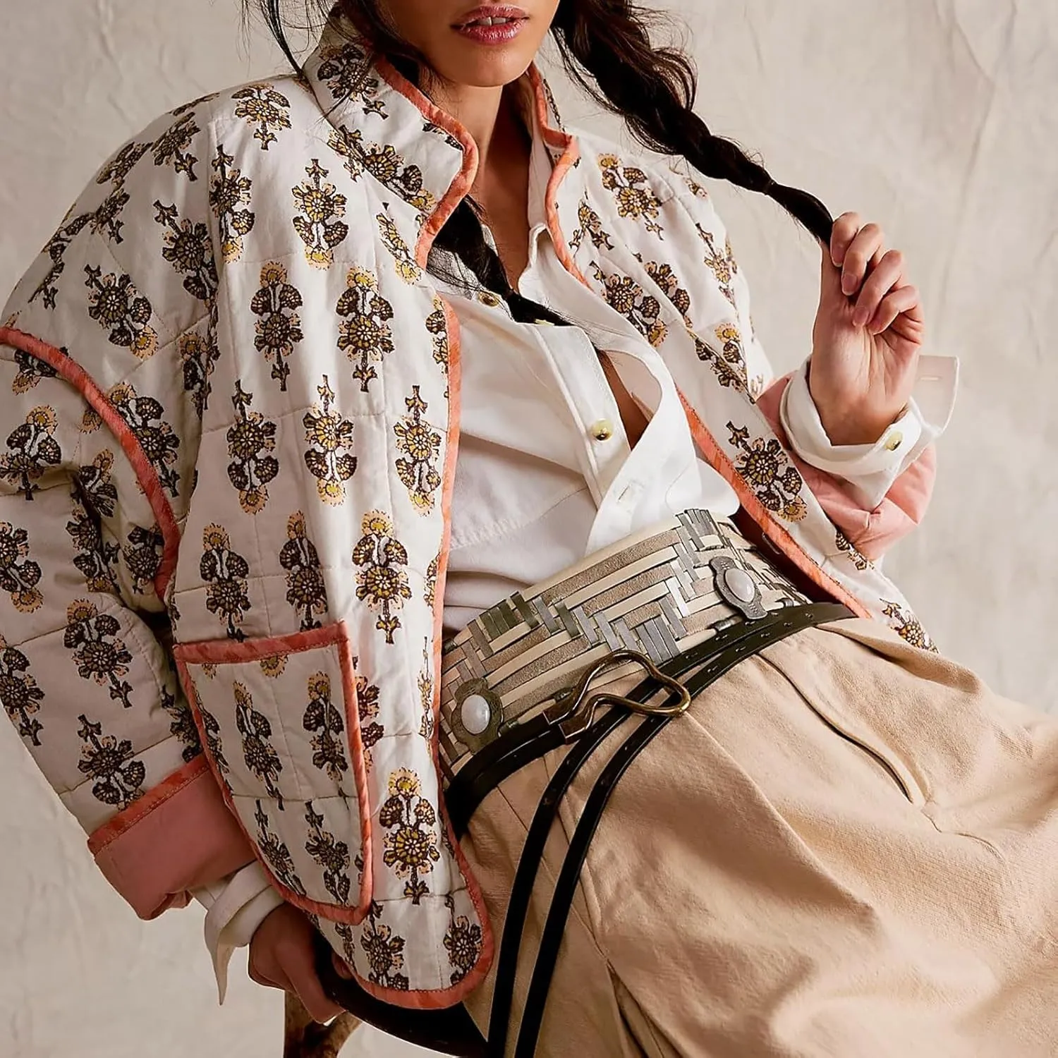 Women's Cropped Puffer Jacket Lightweight Floral Print Long Sleeve Padded Quilted Jackets Puffy Car