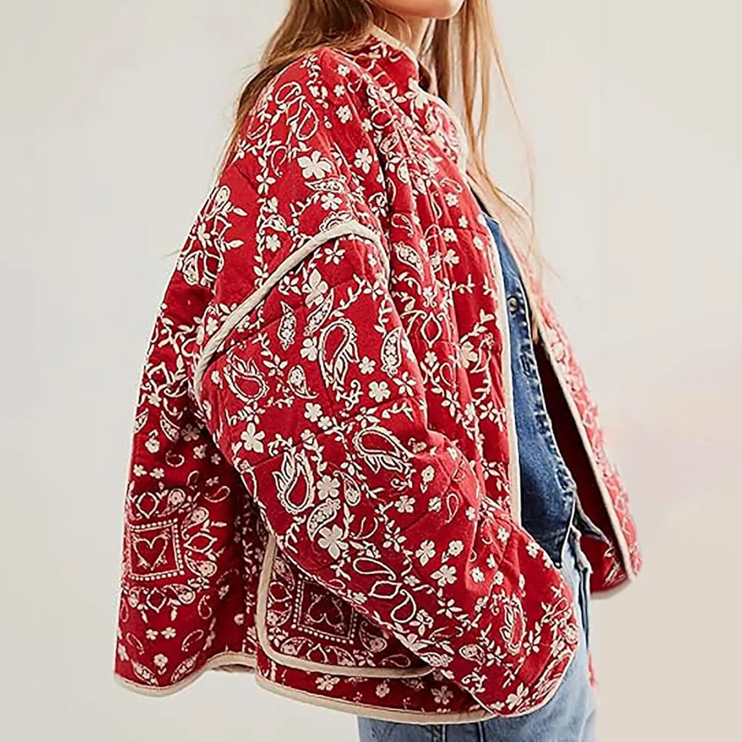 Women's Cropped Puffer Jacket Lightweight Floral Print Long Sleeve Padded Quilted Jackets Puffy Car