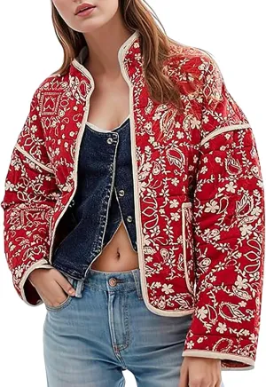 Women's Cropped Puffer Jacket Lightweight Floral Print Long Sleeve Padded Quilted Jackets Puffy Car