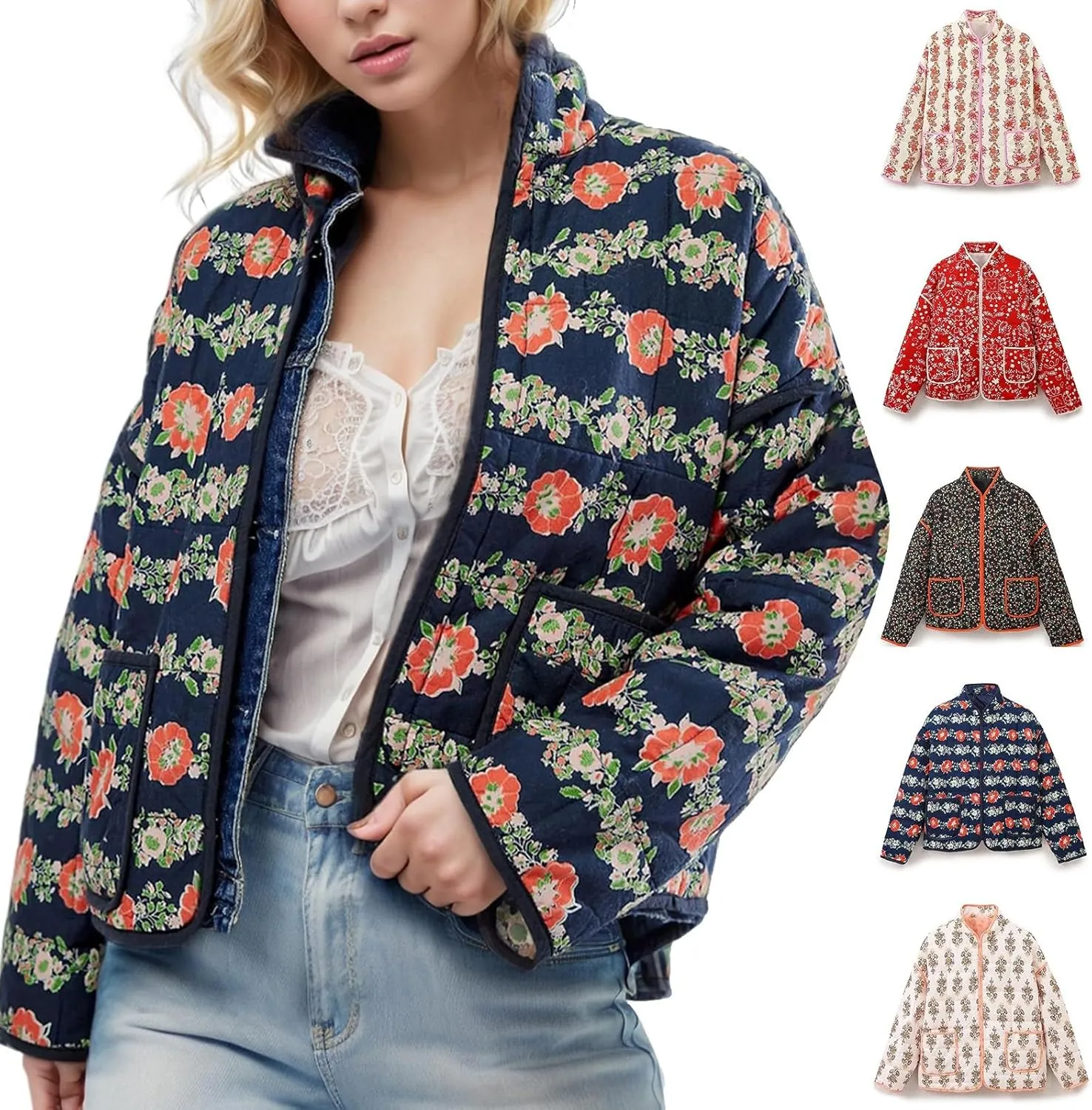 Women's Cropped Puffer Jacket Lightweight Floral Print Long Sleeve Padded Quilted Jackets Puffy Car