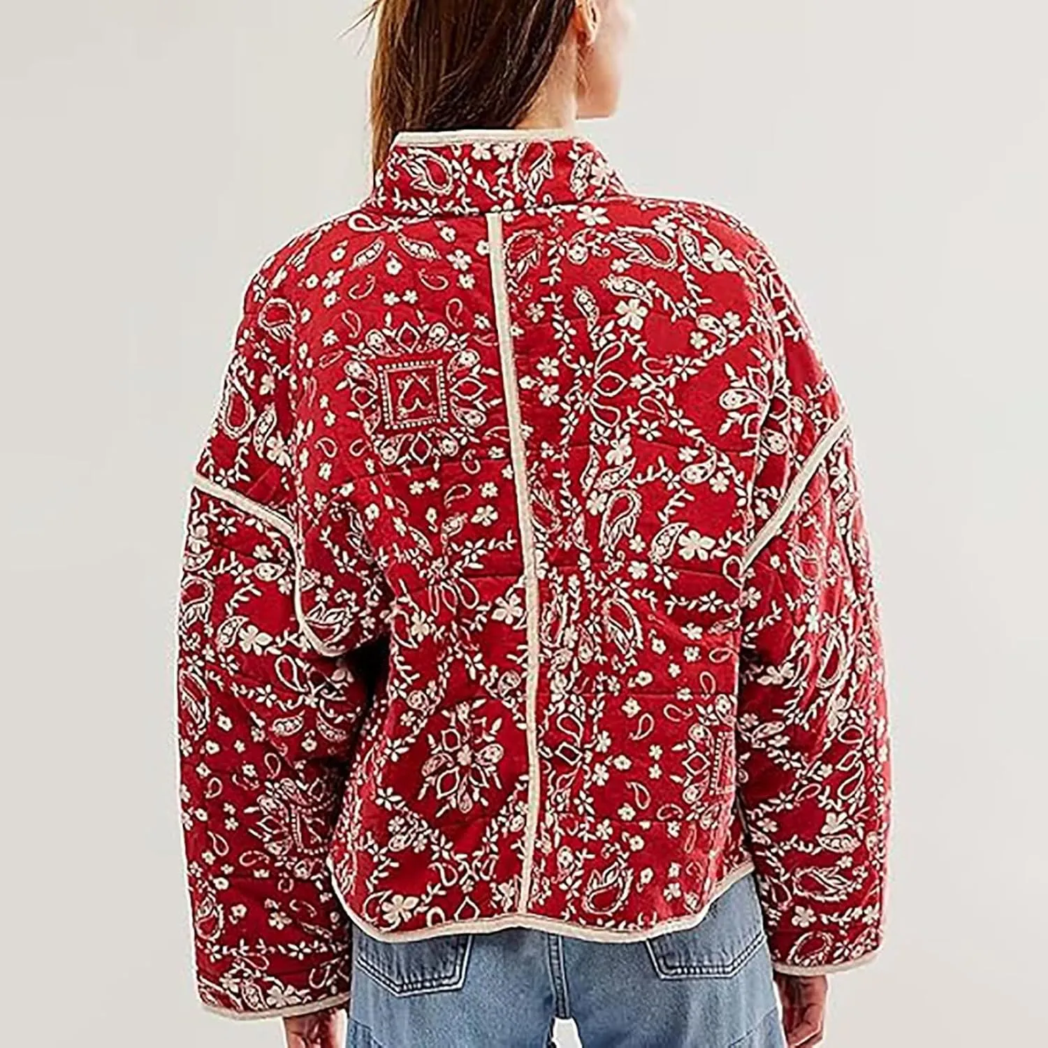 Women's Cropped Puffer Jacket Lightweight Floral Print Long Sleeve Padded Quilted Jackets Puffy Car