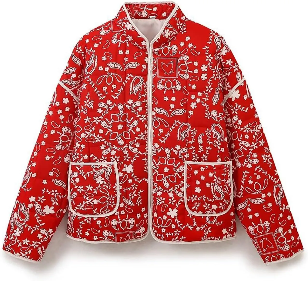 Women's Cropped Puffer Jacket Lightweight Floral Print Long Sleeve Padded Quilted Jackets Puffy Car