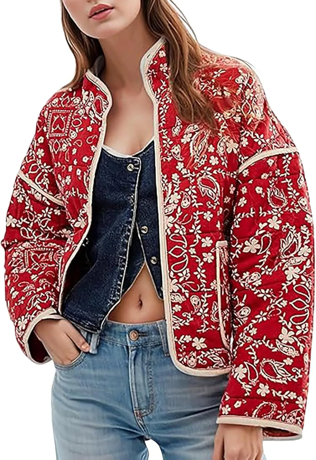 Women's Cropped Puffer Jacket Lightweight Floral Print Long Sleeve Padded Quilted Jackets Puffy Car