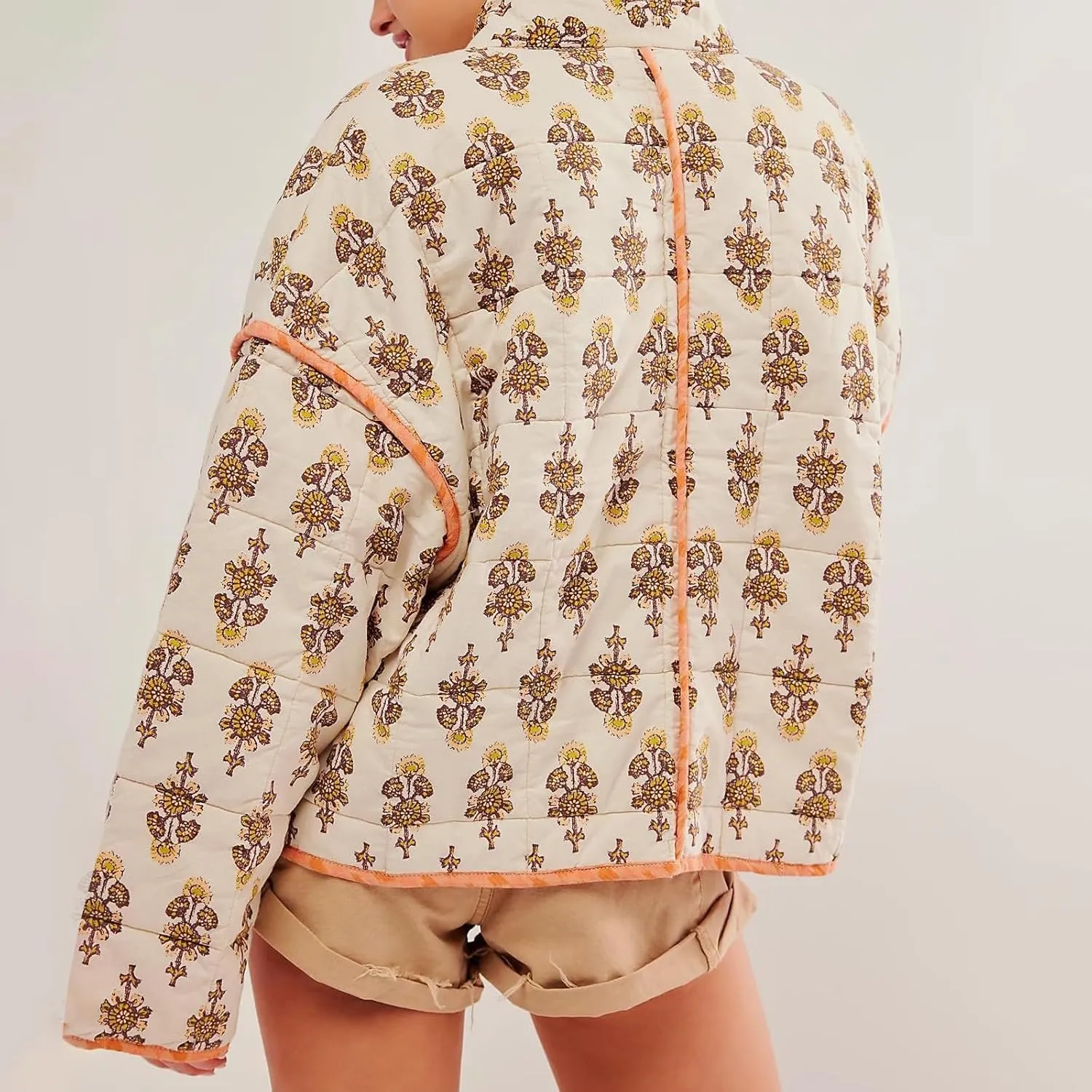 Women's Cropped Puffer Jacket Lightweight Floral Print Long Sleeve Padded Quilted Jackets Puffy Car