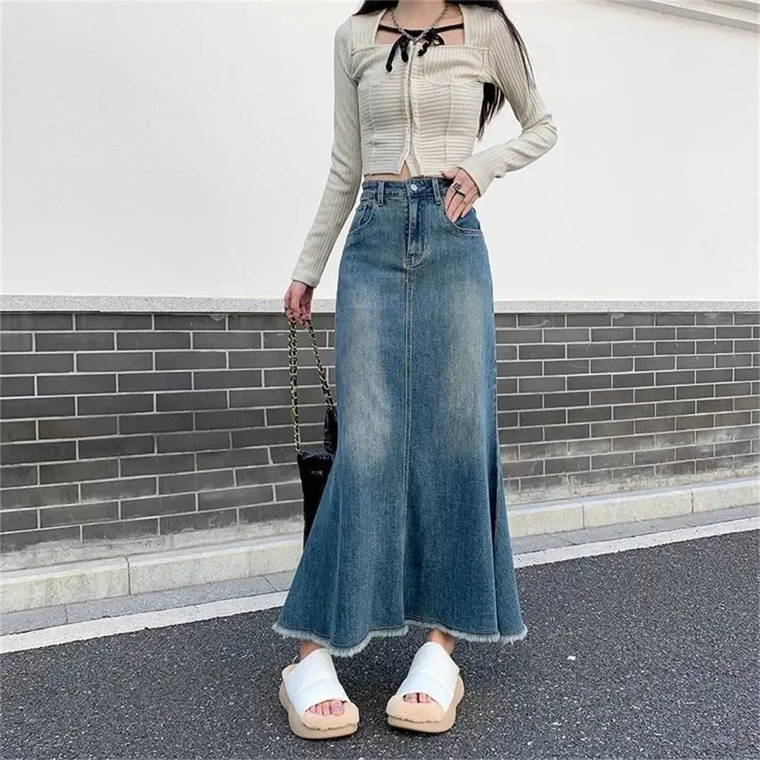 Women's Denim Style High-Waisted Mid-Length A- Line Hip Covering Long Skirt