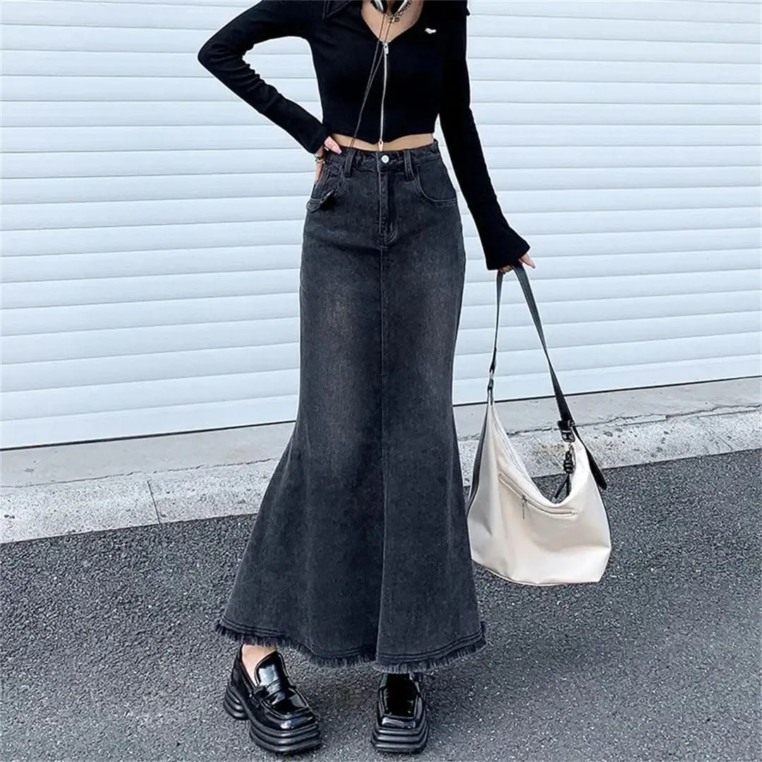 Women's Denim Style High-Waisted Mid-Length A- Line Hip Covering Long Skirt
