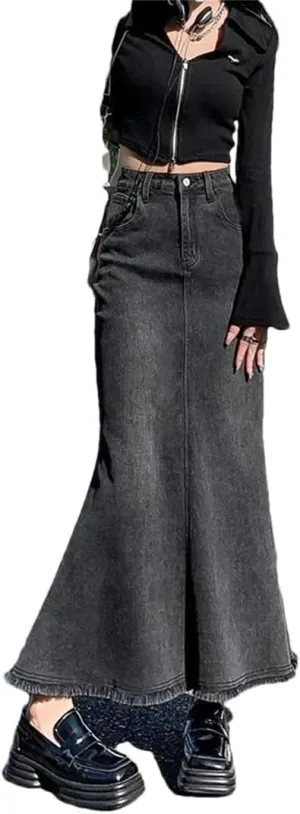 Women's Denim Style High-Waisted Mid-Length A- Line Hip Covering Long Skirt