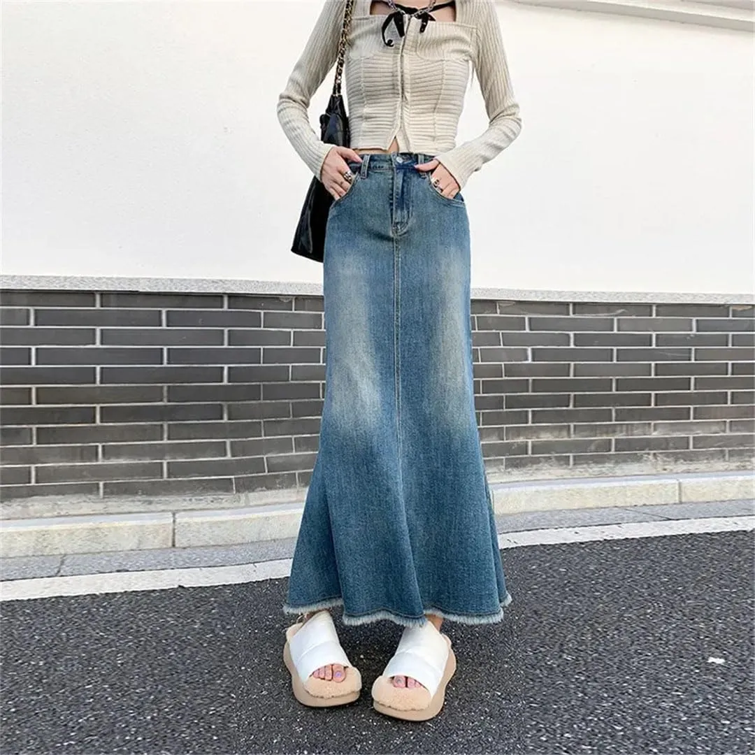 Women's Denim Style High-Waisted Mid-Length A- Line Hip Covering Long Skirt
