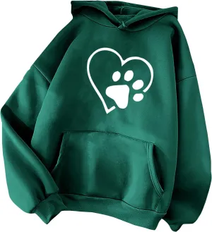 Womens Dog Paw Print Hoodies Cute Heart Graphic Sweatshirts Casual Loose Fit Long Sleeve Hooded Pocketed Pullover
