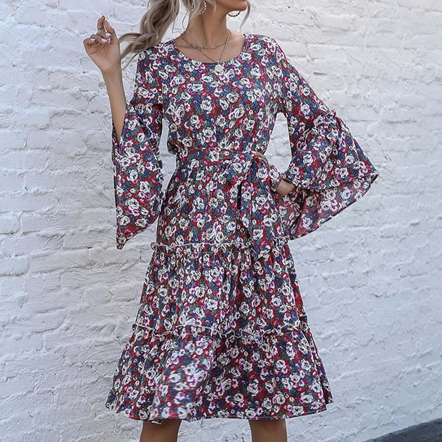 Womens Dresses Casual Ruffle Long Sleeve Dress Fall Dresses 2024 Floral Loose Smocked Tiered Flowy Boho Long Dresses