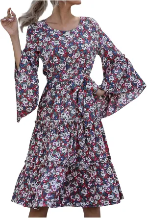 Womens Dresses Casual Ruffle Long Sleeve Dress Fall Dresses 2024 Floral Loose Smocked Tiered Flowy Boho Long Dresses