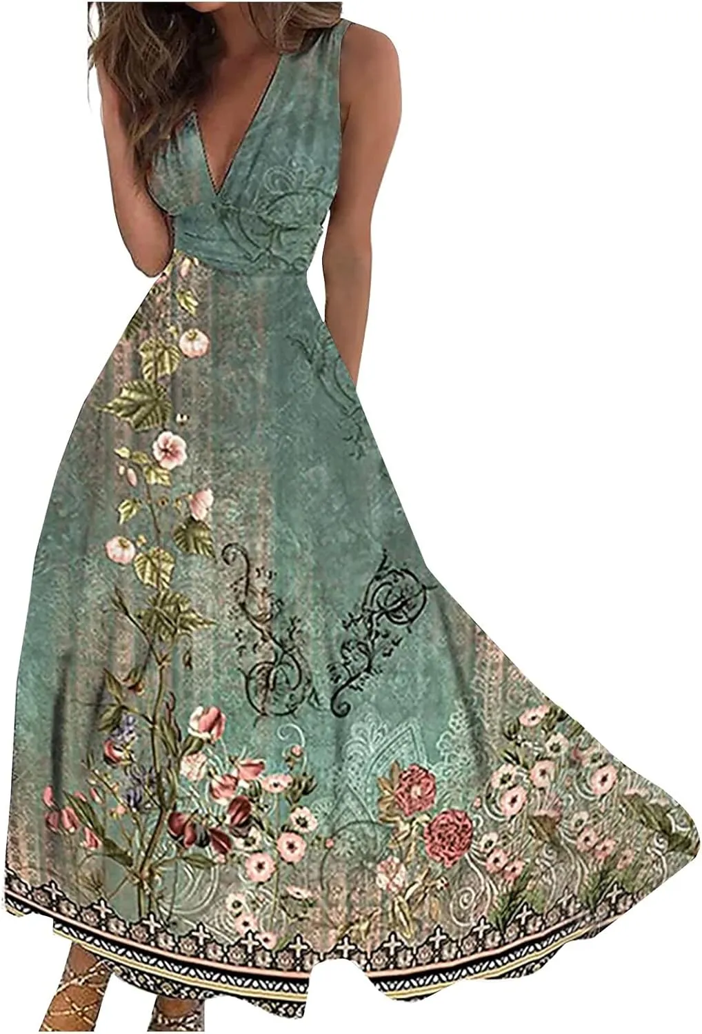 Womens Dresses Floral Print Wrap V Neck Sundresses Flowy Ruched Sleeveless Boho Dress Spring Beach Dress