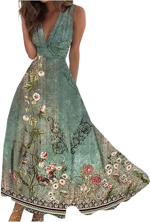 Womens Dresses Floral Print Wrap V Neck Sundresses Flowy Ruched Sleeveless Boho Dress Spring Beach Dress