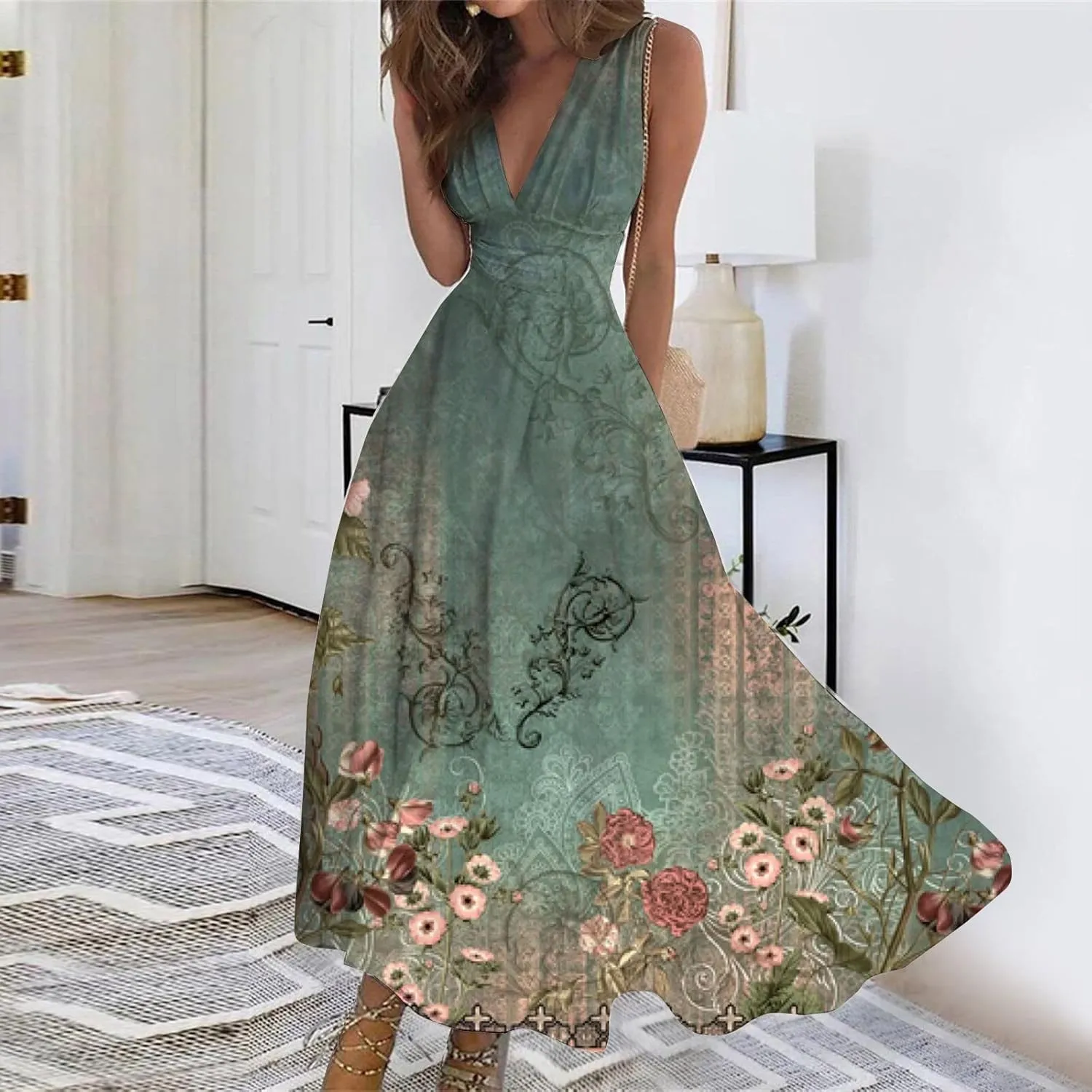 Womens Dresses Floral Print Wrap V Neck Sundresses Flowy Ruched Sleeveless Boho Dress Spring Beach Dress