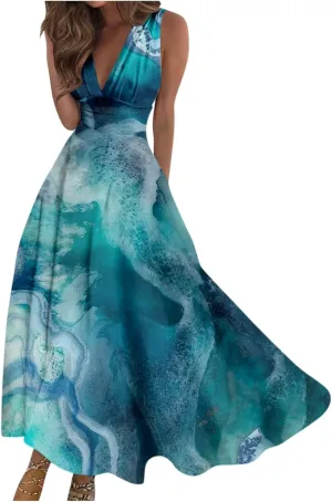Womens Dresses Flowy Ruched Floral Print Sundresses Wrap V Neck Sleeveless Maxi Dress Elegant Beach Dresses