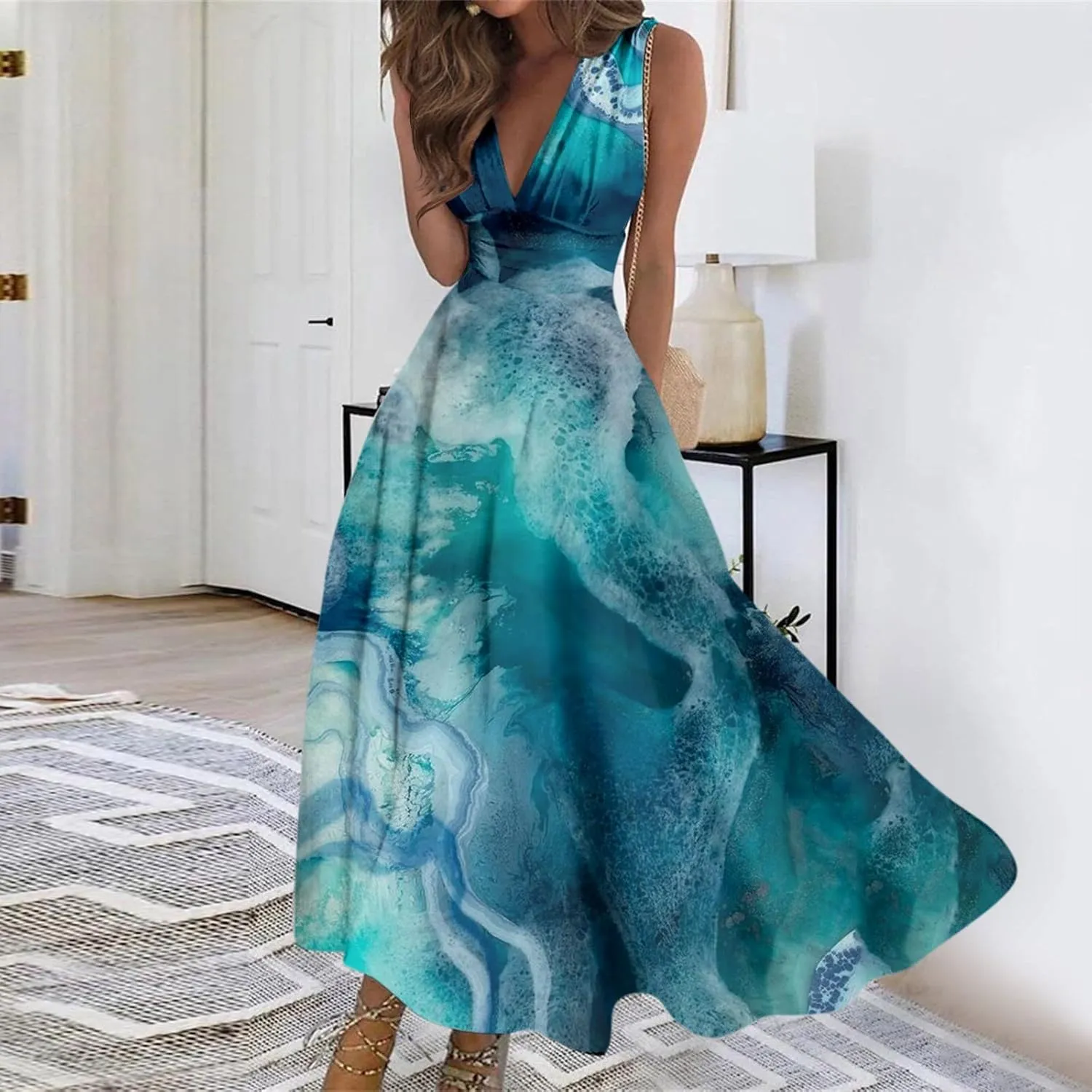 Womens Dresses Flowy Ruched Floral Print Sundresses Wrap V Neck Sleeveless Maxi Dress Elegant Beach Dresses