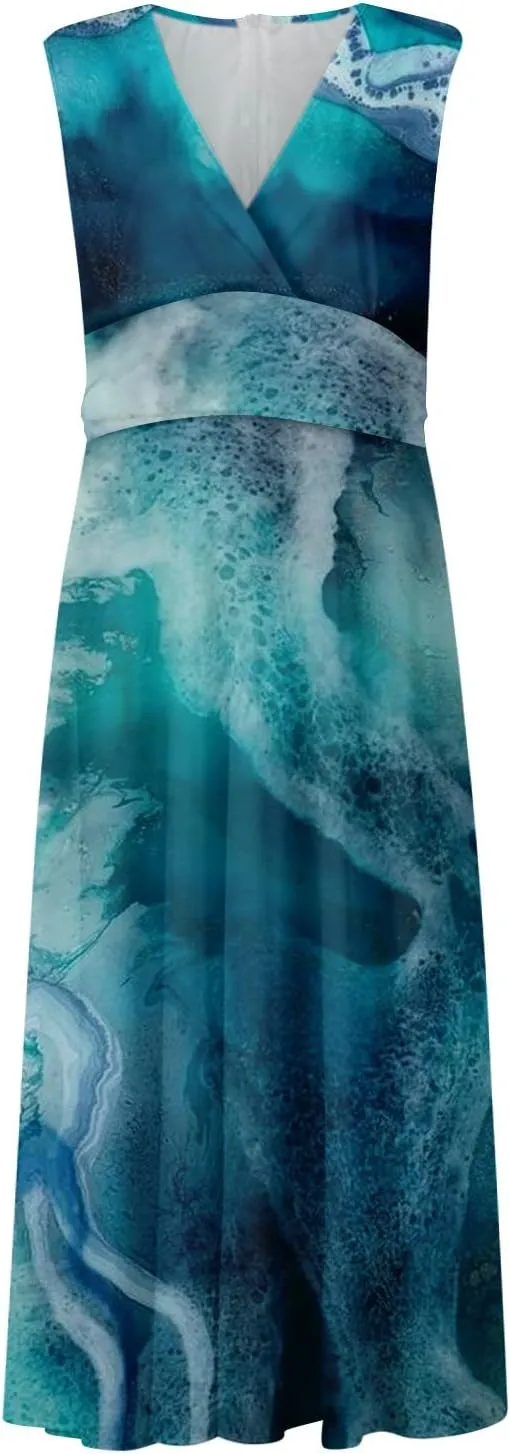 Womens Dresses Flowy Ruched Floral Print Sundresses Wrap V Neck Sleeveless Maxi Dress Elegant Beach Dresses