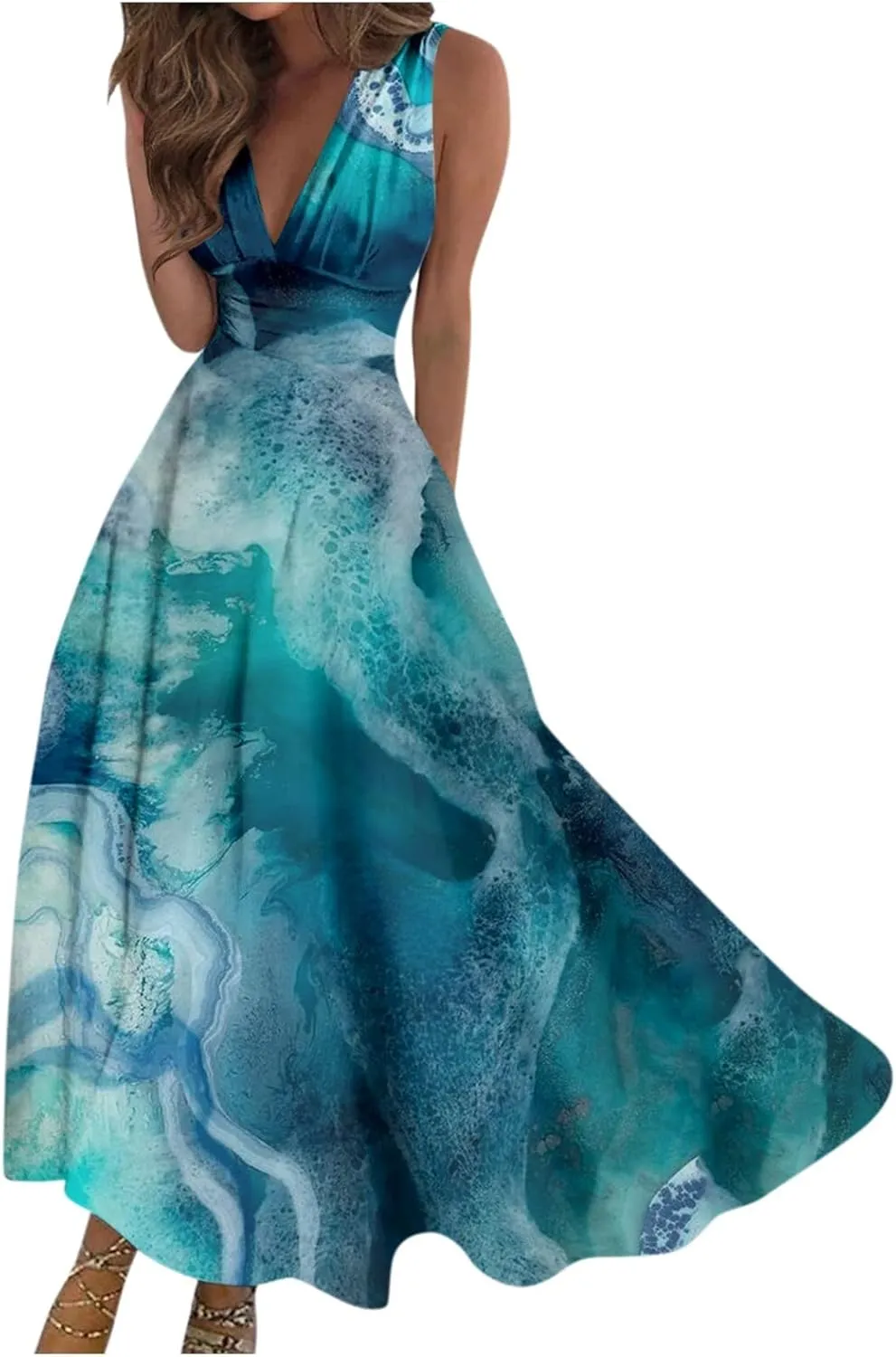 Womens Dresses Flowy Ruched Floral Print Sundresses Wrap V Neck Sleeveless Maxi Dress Elegant Beach Dresses