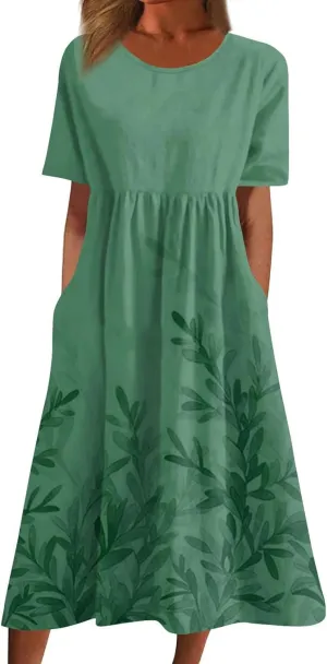 Womens Dresses Summer Short Sleeve Boho Floral Print Midi Dress Loose Casual Fashion Beach Sundresses