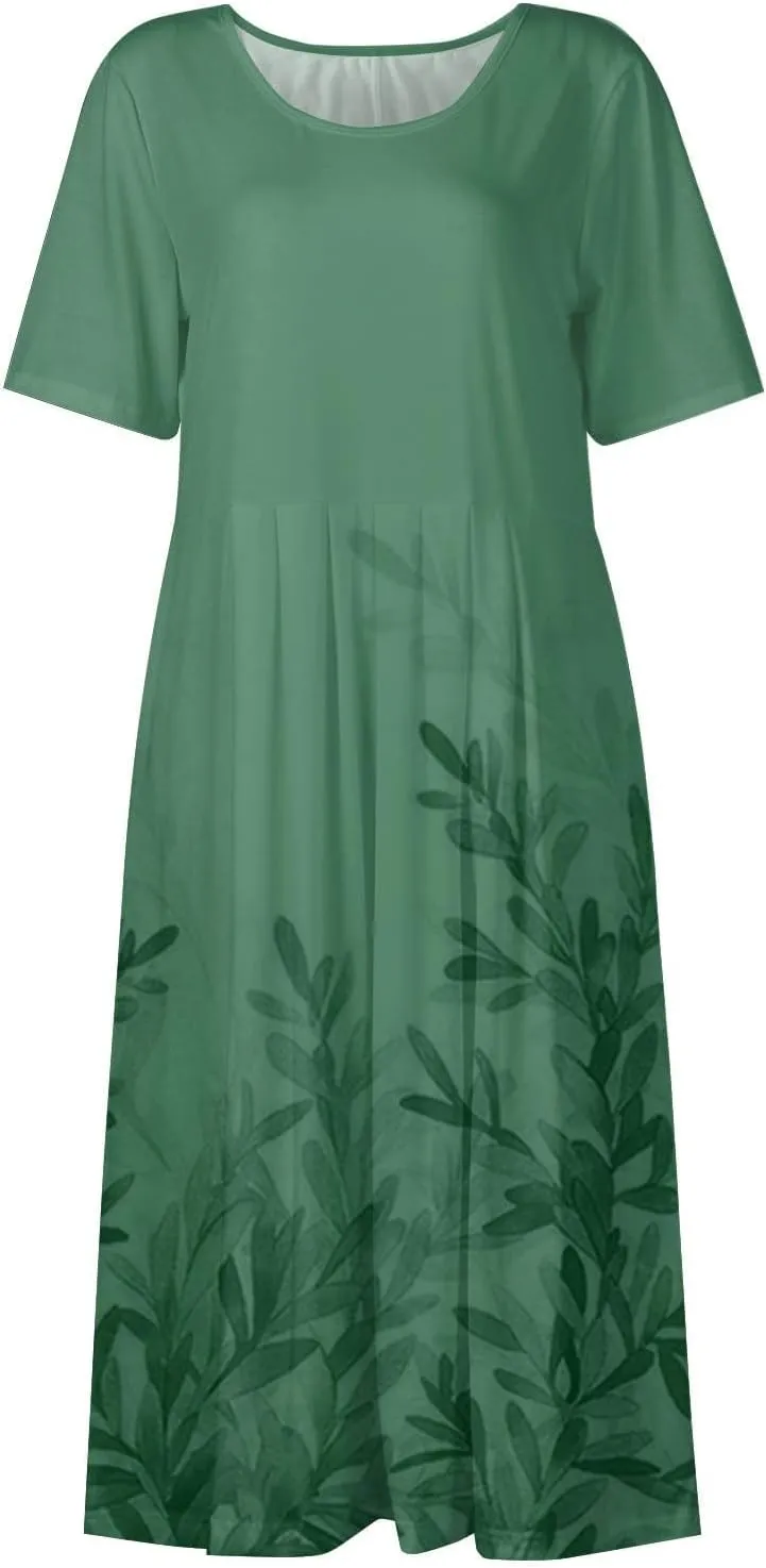 Womens Dresses Summer Short Sleeve Boho Floral Print Midi Dress Loose Casual Fashion Beach Sundresses