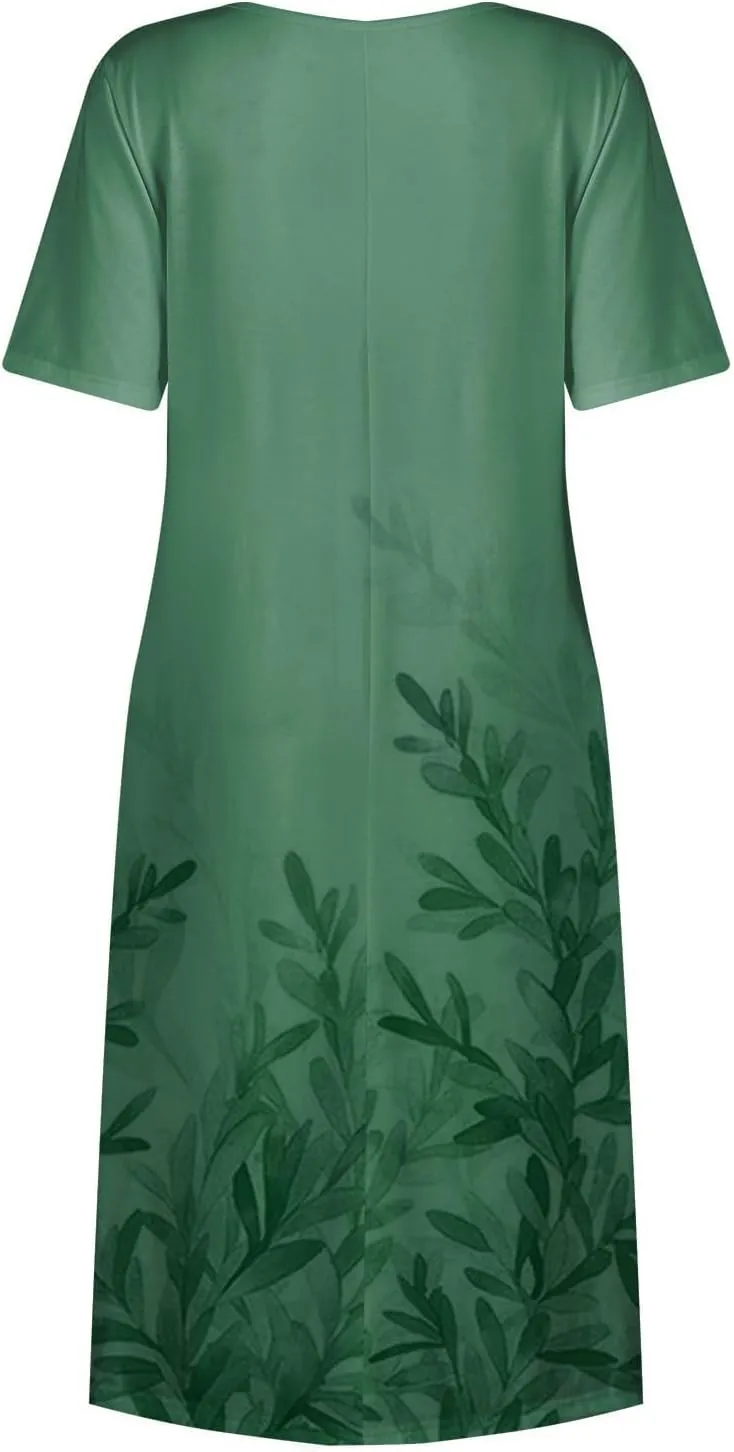 Womens Dresses Summer Short Sleeve Boho Floral Print Midi Dress Loose Casual Fashion Beach Sundresses