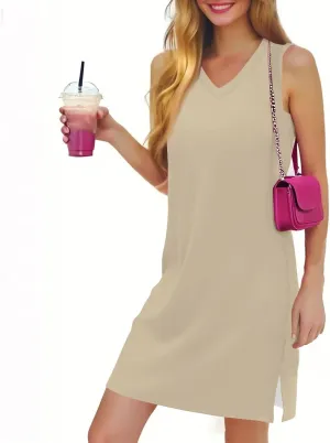 Womens Dresses Summer V Neck Sleeveless Sundresses Tank Dress 2025 Vacation Casual Beach Dress with Hem Split