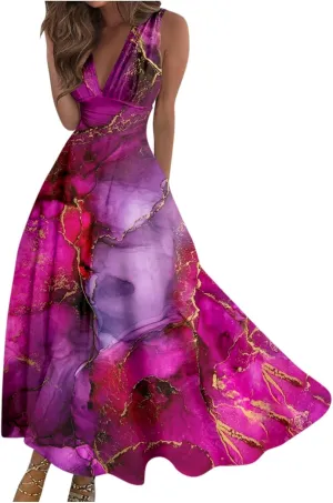 Womens Dresses Wrap V Neck Flowy Ruched Beach Dresses Sleeveless Floral Print Sundresses Elegant Maxi Dress
