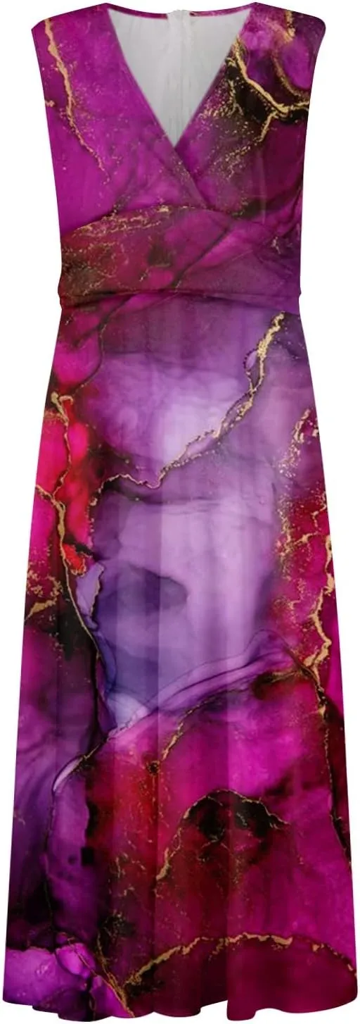 Womens Dresses Wrap V Neck Flowy Ruched Beach Dresses Sleeveless Floral Print Sundresses Elegant Maxi Dress