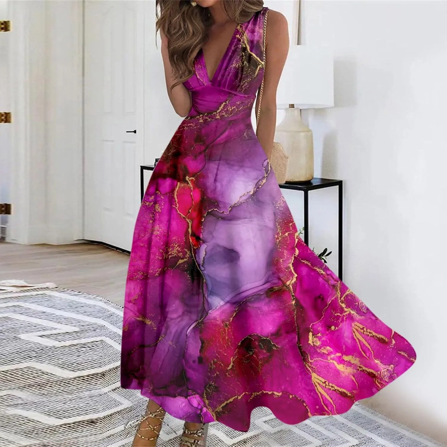 Womens Dresses Wrap V Neck Flowy Ruched Beach Dresses Sleeveless Floral Print Sundresses Elegant Maxi Dress