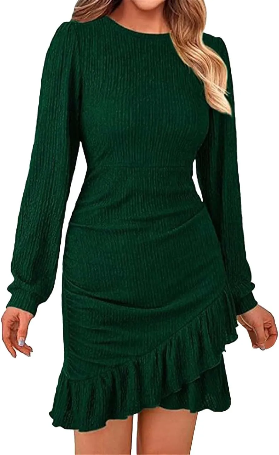 Women's Fall Ruched Bodycon Mini Dress Long Puff Sleeve Ruffle Fitted Cocktail Dresses