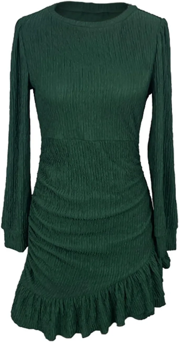 Women's Fall Ruched Bodycon Mini Dress Long Puff Sleeve Ruffle Fitted Cocktail Dresses