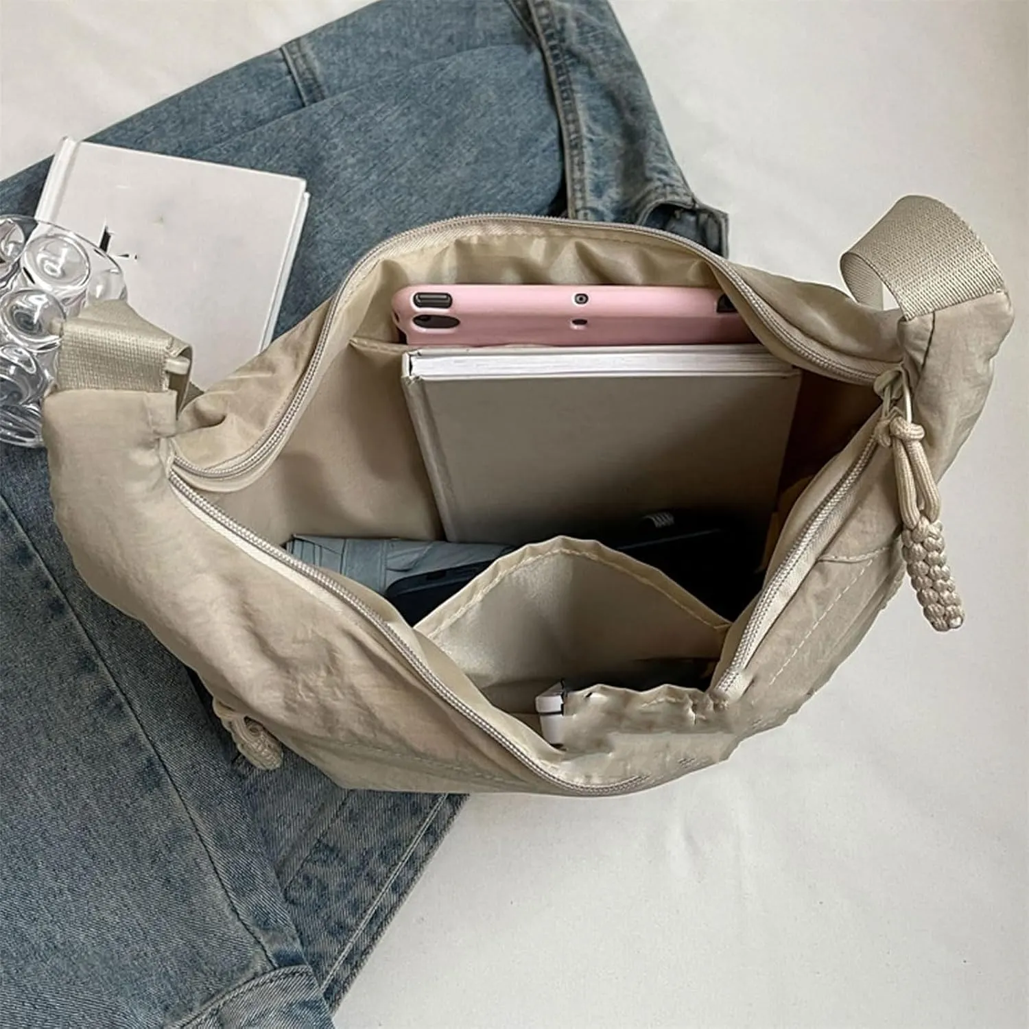 Women's Fashion Plain Color Nylon Crossbody Bag, Crescent Bag Women Lightweight Small Hobo Bag Casual Sling Bag for Women Men