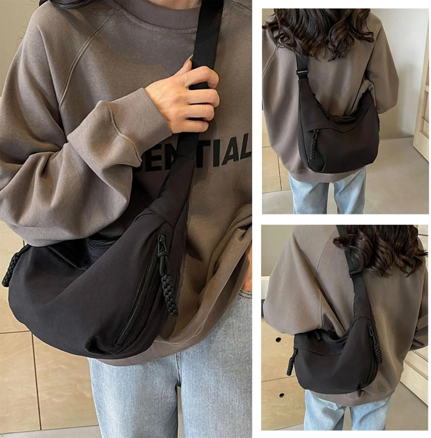 Women's Fashion Plain Color Nylon Crossbody Bag, Crescent Bag Women Lightweight Small Hobo Bag Casual Sling Bag for Women Men