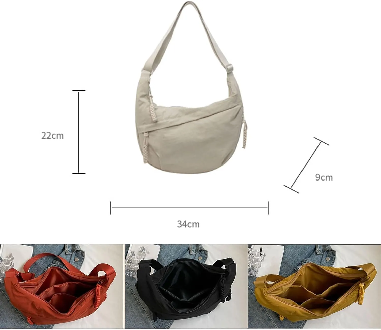 Women's Fashion Plain Color Nylon Crossbody Bag, Crescent Bag Women Lightweight Small Hobo Bag Casual Sling Bag for Women Men