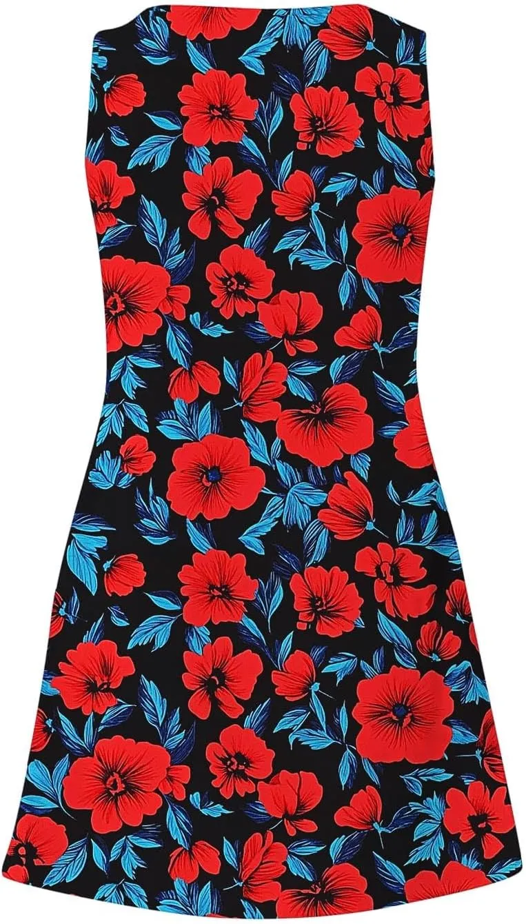 Womens Fashion Summer Sundress Floral Printed Sleeveless Pleated Casual Mini Dress V-Neck Beach Dress with Pocket