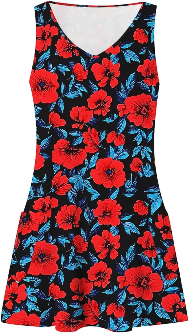 Womens Fashion Summer Sundress Floral Printed Sleeveless Pleated Casual Mini Dress V-Neck Beach Dress with Pocket