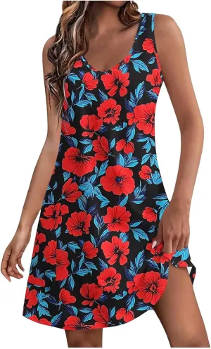 Womens Fashion Summer Sundress Floral Printed Sleeveless Pleated Casual Mini Dress V-Neck Beach Dress with Pocket